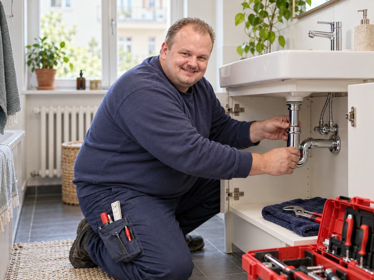 Wörmann Sanitär-Service bei der Arbeit unter einem Waschbecken