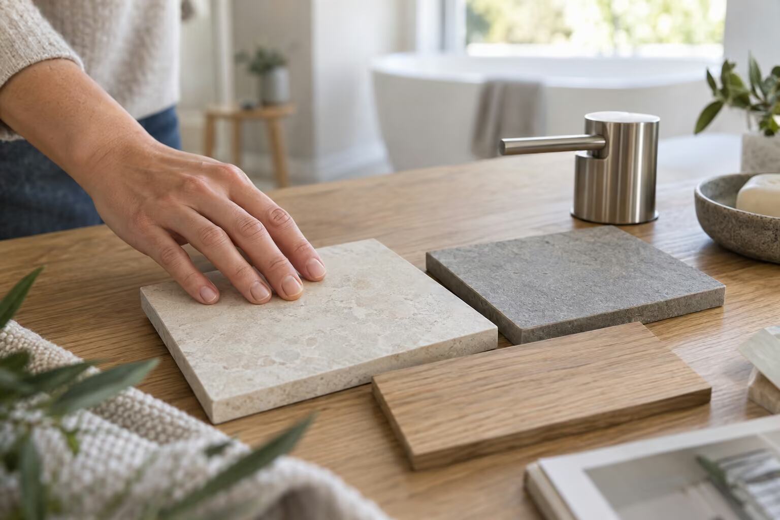 Eine Hand prüft Fliesenmuster und Holzmuster auf dem Tisch