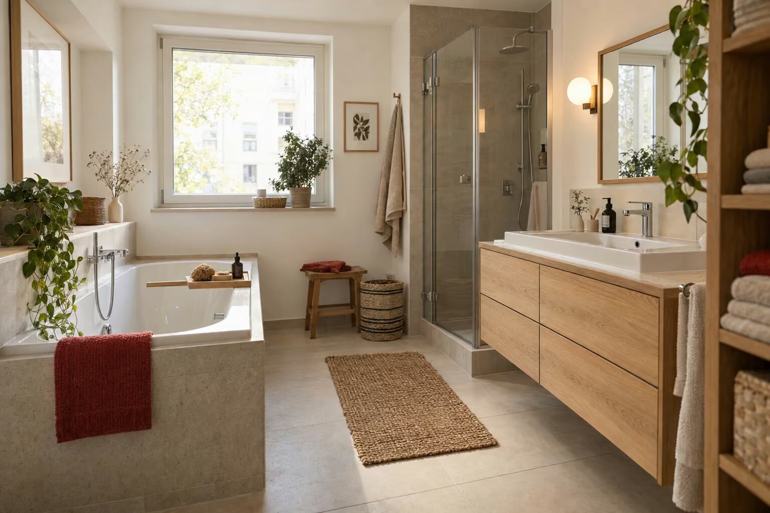 Ein durchdacht eingerichtetes Familienbad mit Wanne, Dusche und Stauraum