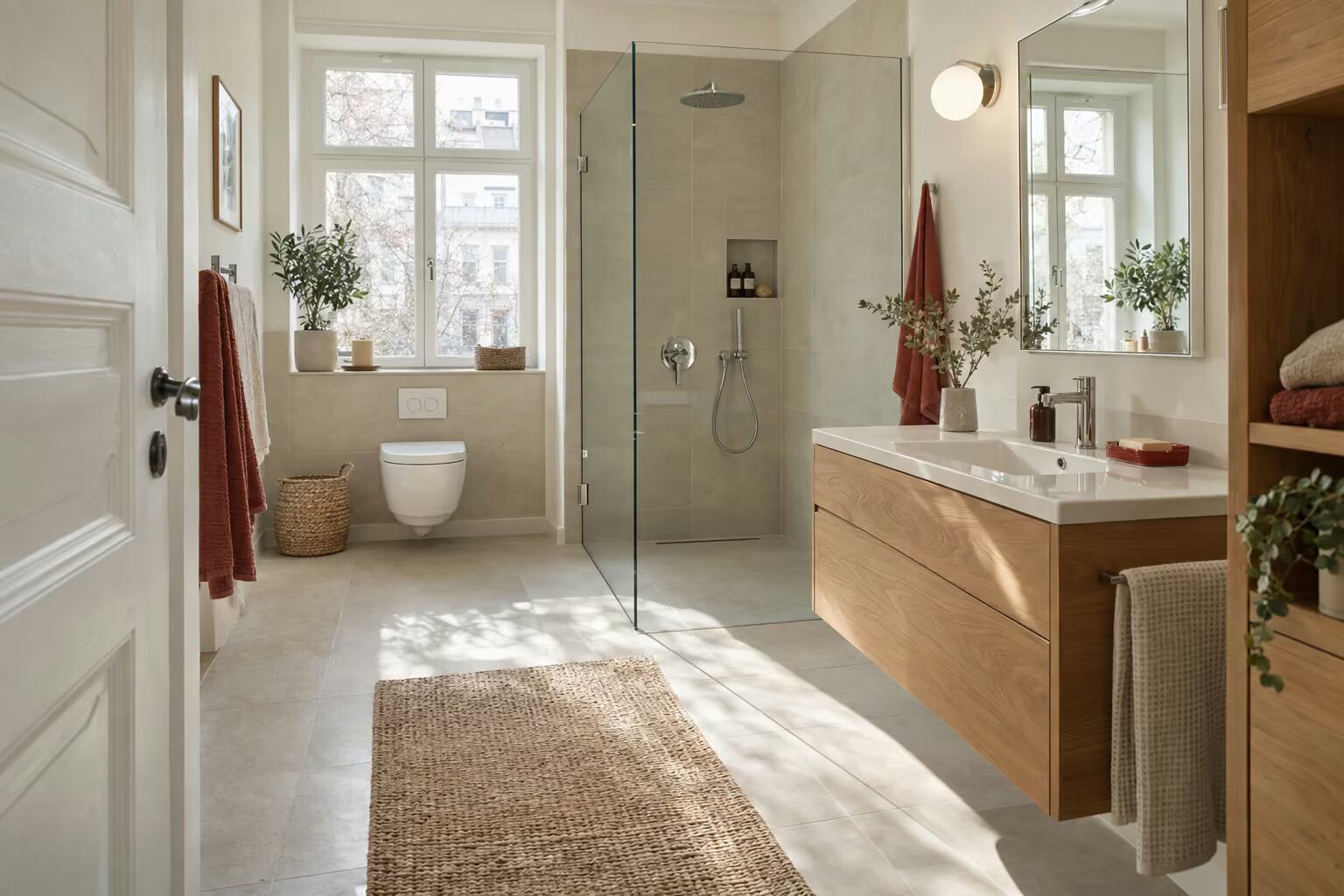 Ein helles wohnliches Badezimmer mit bodengleicher Dusche und Eichenwaschtisch