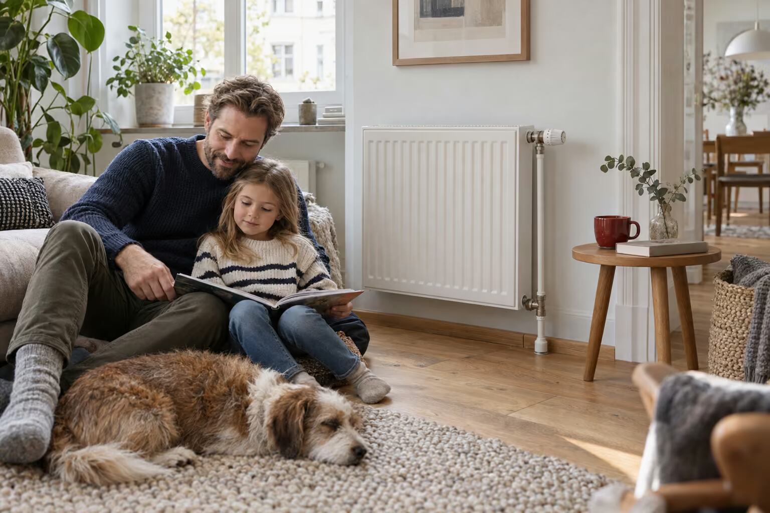 Vater und Kind lesen neben einem Heizkörper im wohnlichen Zuhause