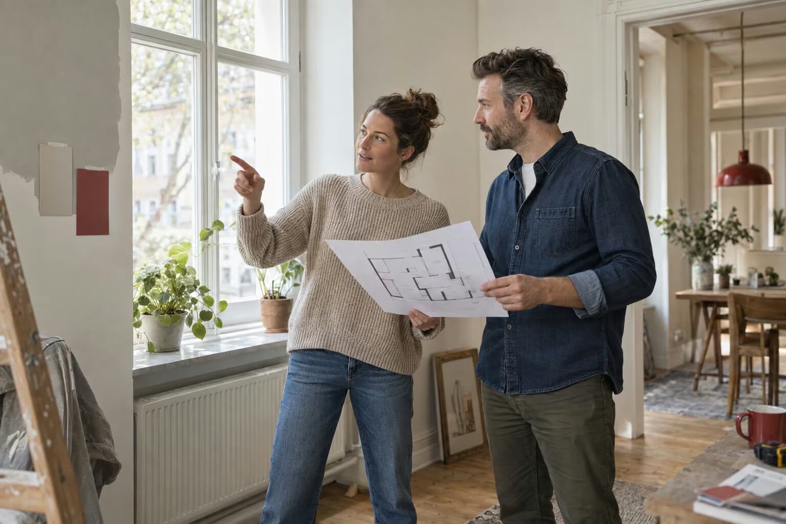 Eigentümer besprechen ihren Hausumbau mit einem Grundriss