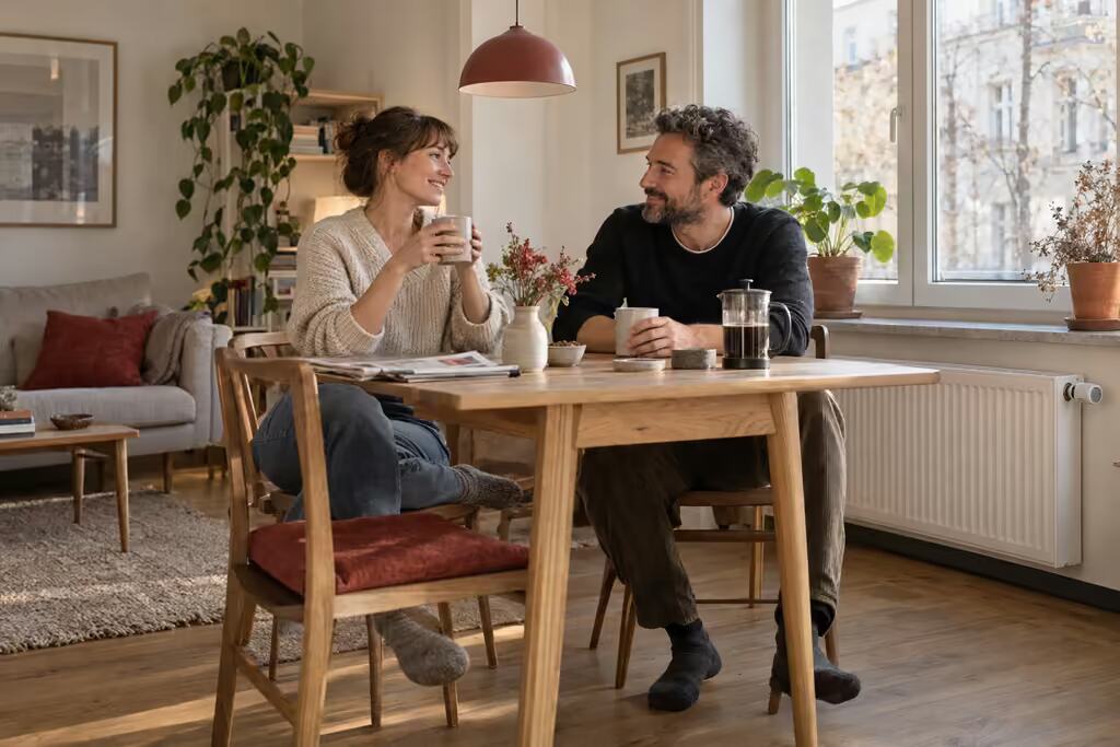 Ein Paar sitzt im wohnlichen Wohnzimmer am Tisch neben einem Heizkörper