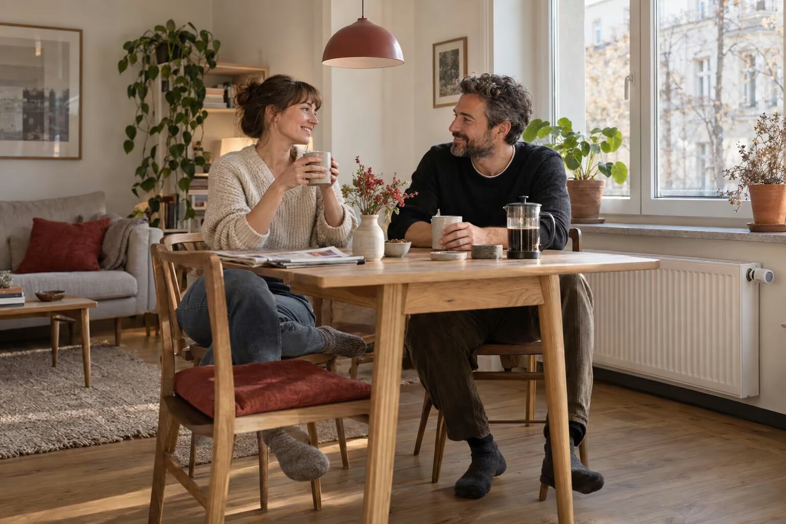 Ein Paar sitzt im wohnlichen Wohnzimmer am Tisch neben einem Heizkörper