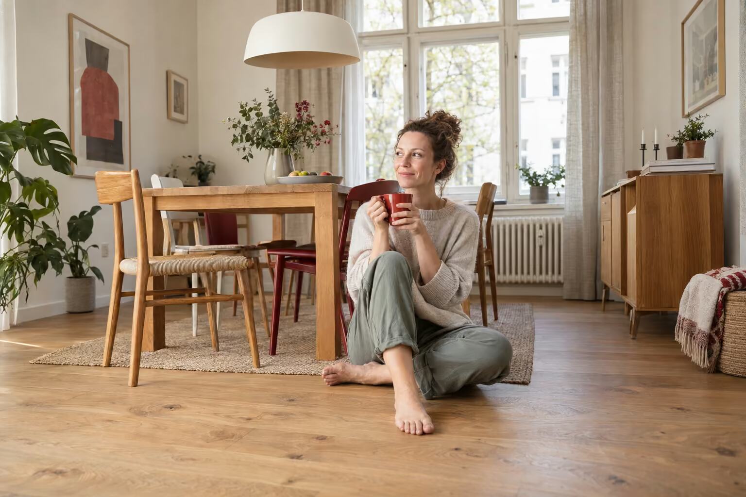 Eine Frau mit einer Tasse auf dem Holzboden eines hellen Wohnraums