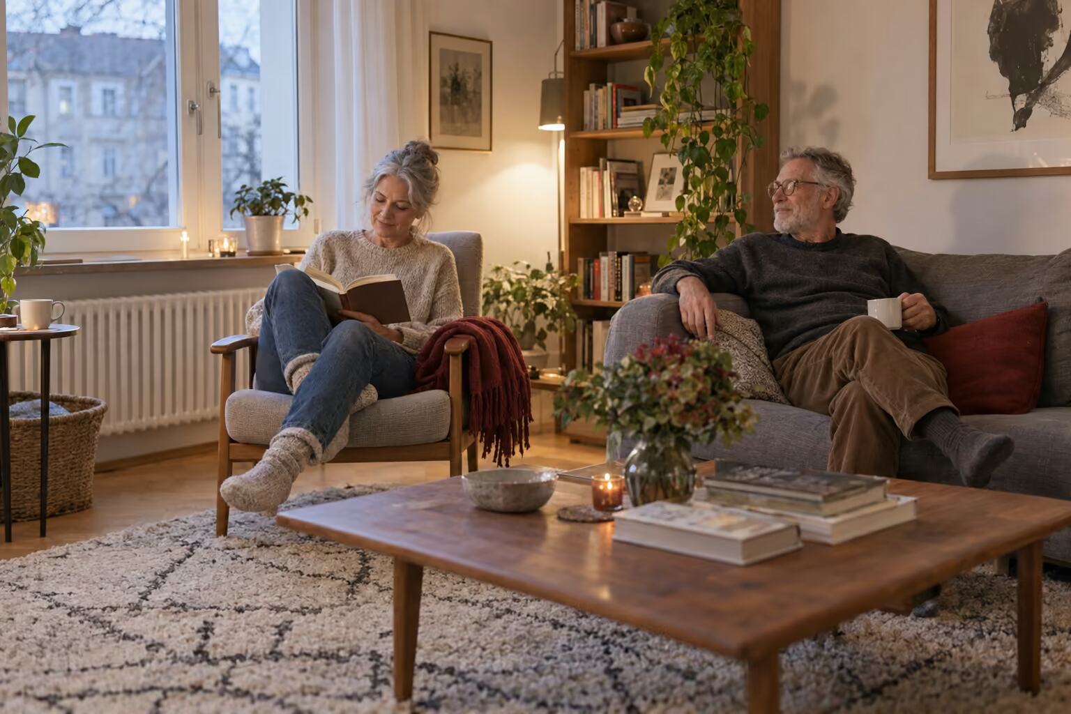 Ein älteres Paar genießt einen ruhigen Abend im warmen Wohnzimmer