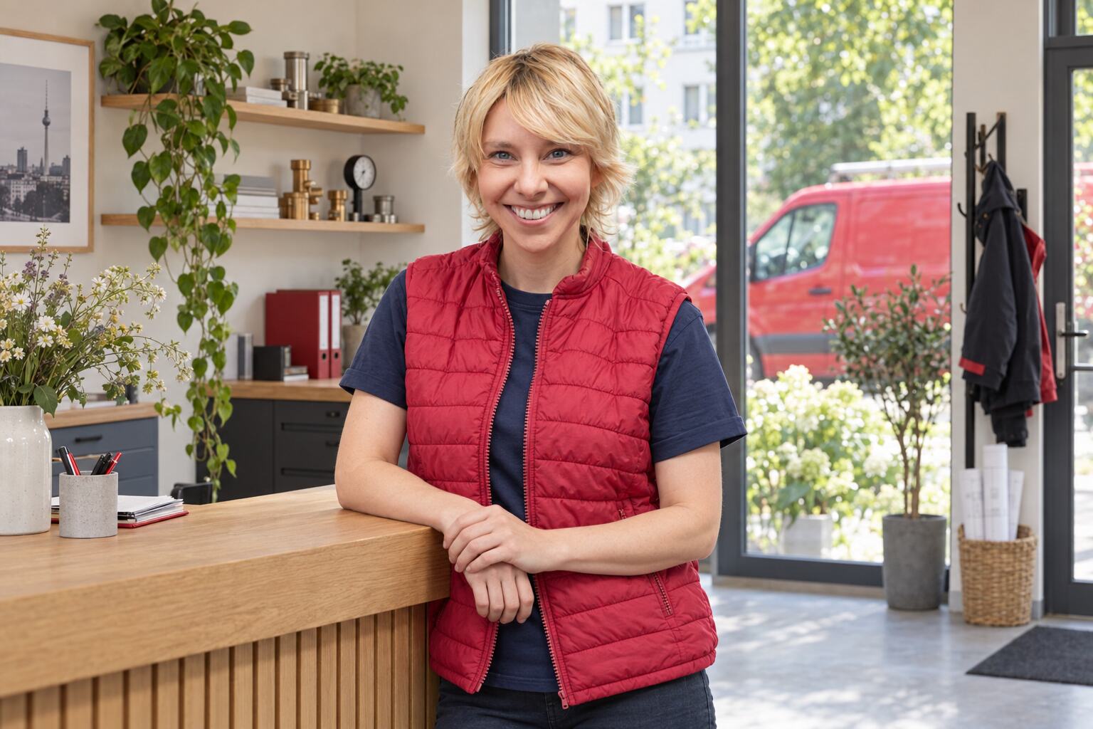 Anne Woermann am Empfang eines hellen Handwerksbüros
