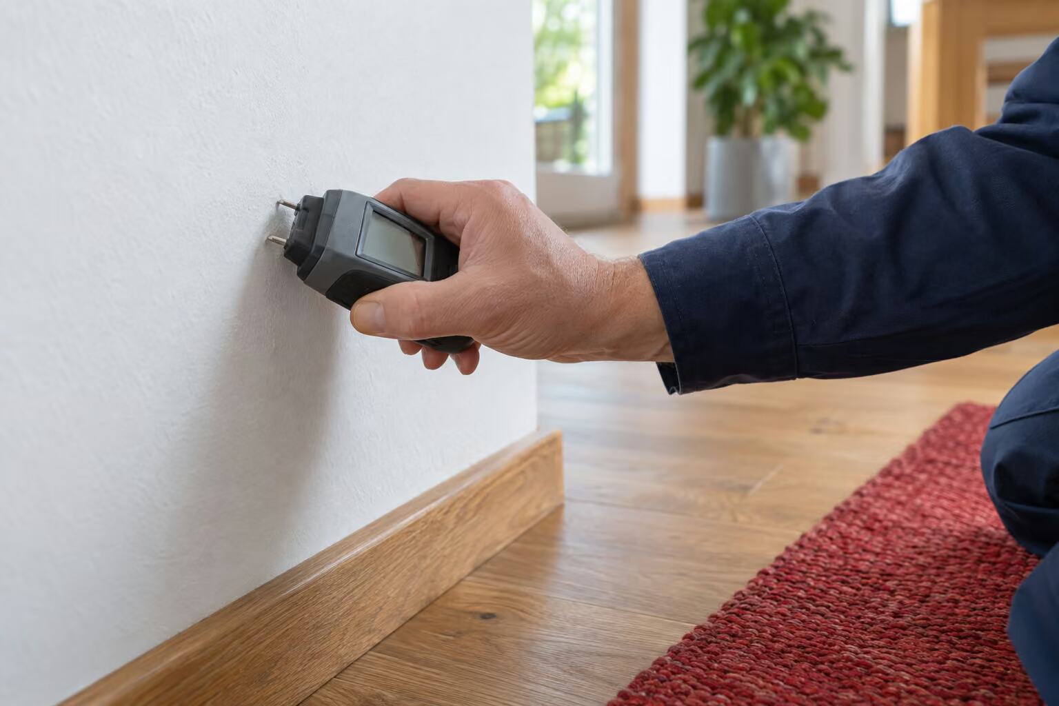 Eine Hand hält ein Feuchtemessgerät an eine Wand über der Fußleiste