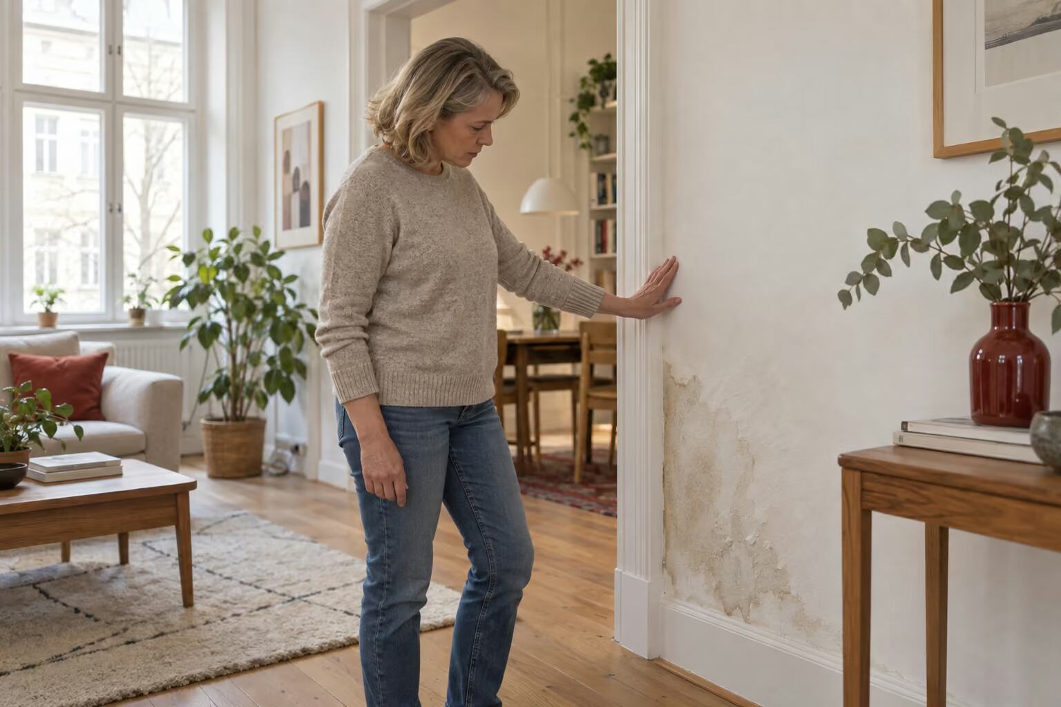 Eine Frau betrachtet einen feuchten Fleck an der Wand über der Fußleiste