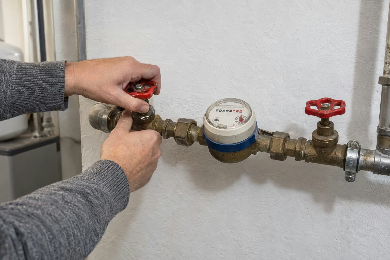 Hände schließen den Haupthahn neben dem Wasserzähler