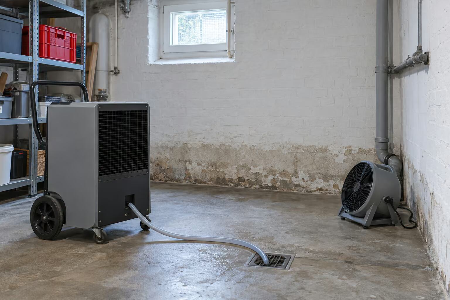 Trocknungsgerät und Ventilator in einem Kellerraum mit Feuchtigkeitsspuren an der Wand