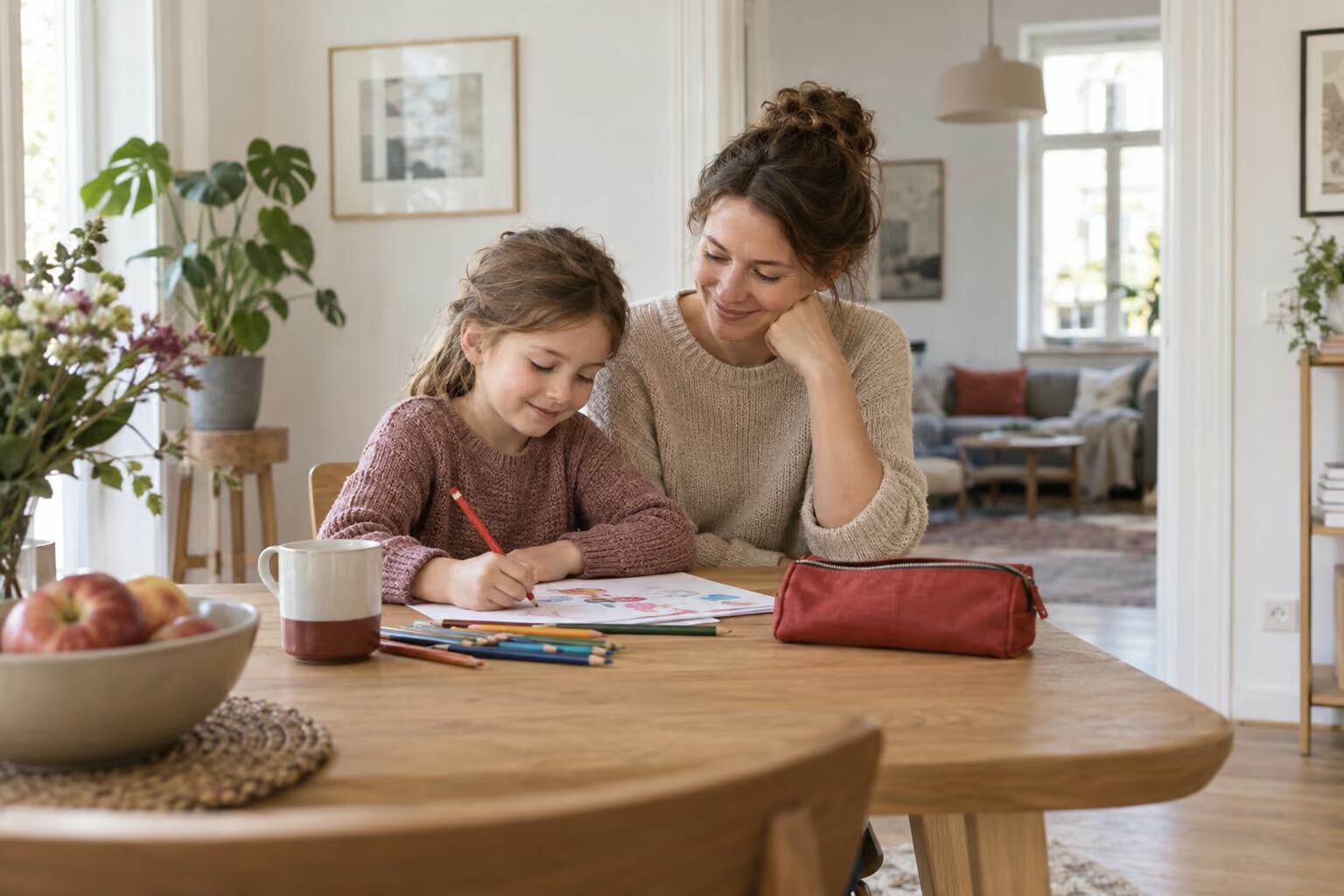 Eine Mutter und ihre Tochter malen am Esstisch in einer hellen Wohnung