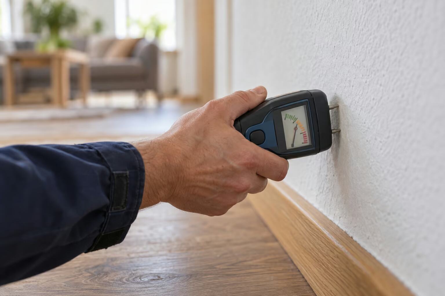 Eine Hand hält ein Feuchtemessgerät an die Wand