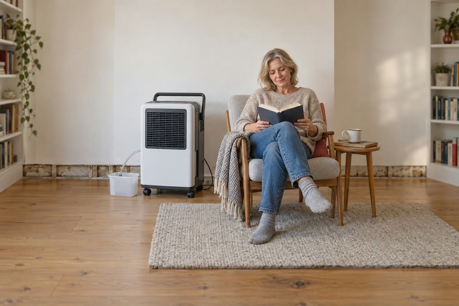 Eine Frau liest im Sessel, neben ihr steht ein Trocknungsgerät an der Wand