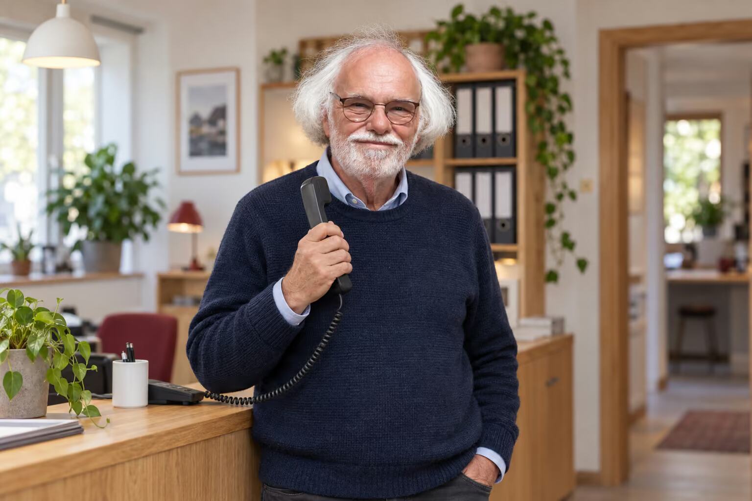Joachim Woermann steht mit dem Telefonhörer im Büro
