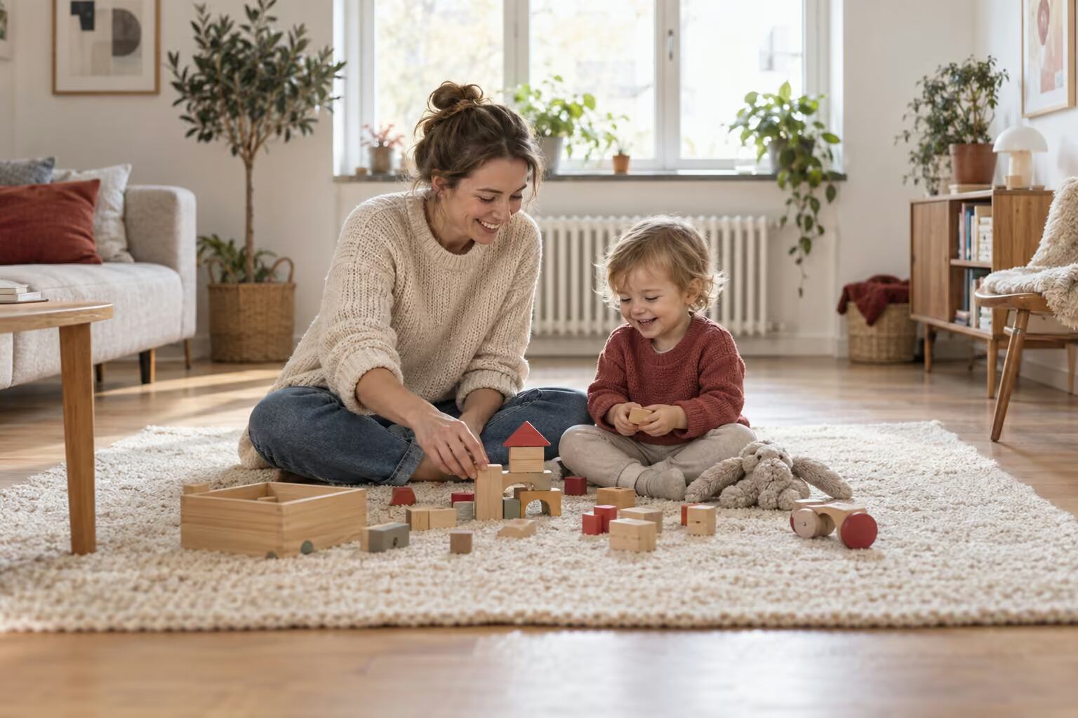 Eine Mutter spielt mit ihrem Kind auf dem Teppich im hellen Wohnzimmer