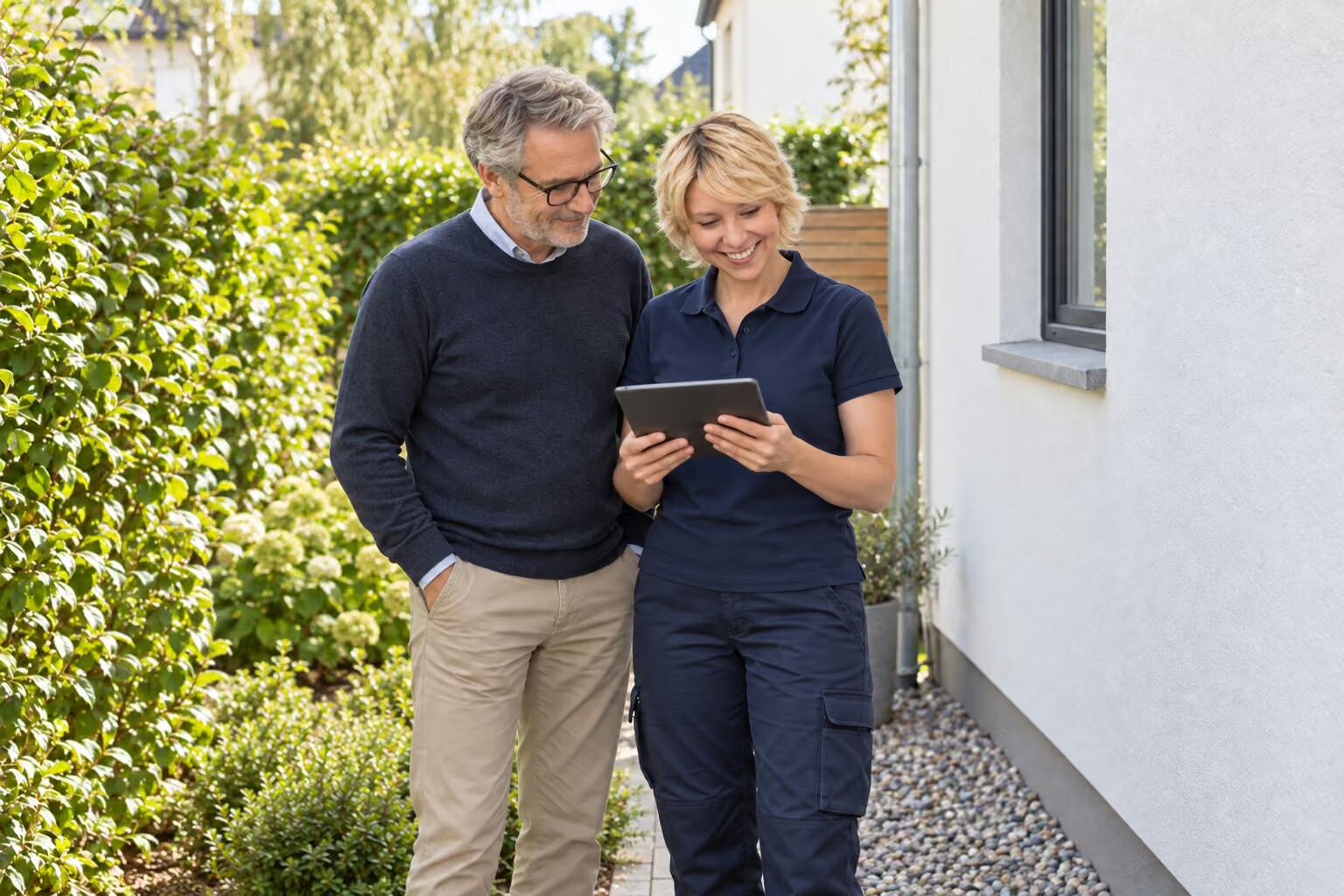 Anne Woermann bespricht mit einem Hausbesitzer neben der Hauswand am Tablet die Planung der Wärmepumpe