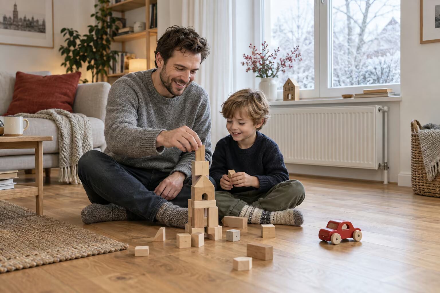 Ein Vater und sein Sohn bauen im warmen Wohnzimmer einen Turm aus Holzklötzen