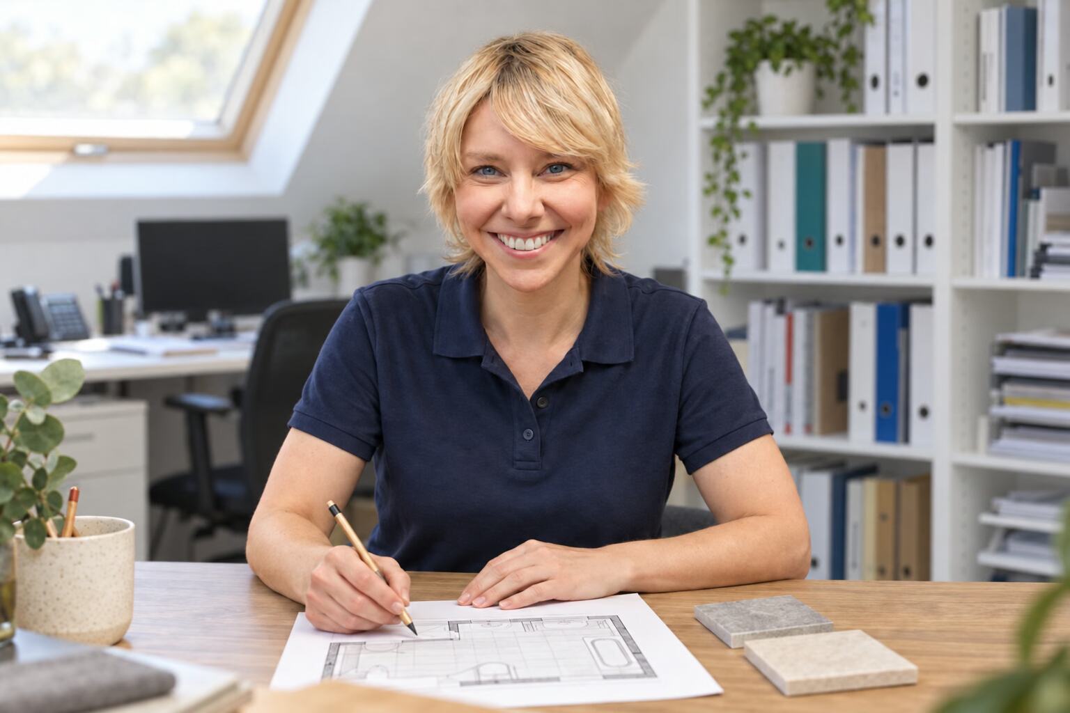 Anne Woermann sitzt im Büro mit Grundriss und Fliesenmustern am Beratungstisch