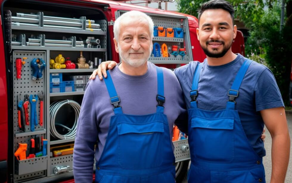 Zwei Mitarbeitende in Arbeitskleidung am offenen Firmenwagen