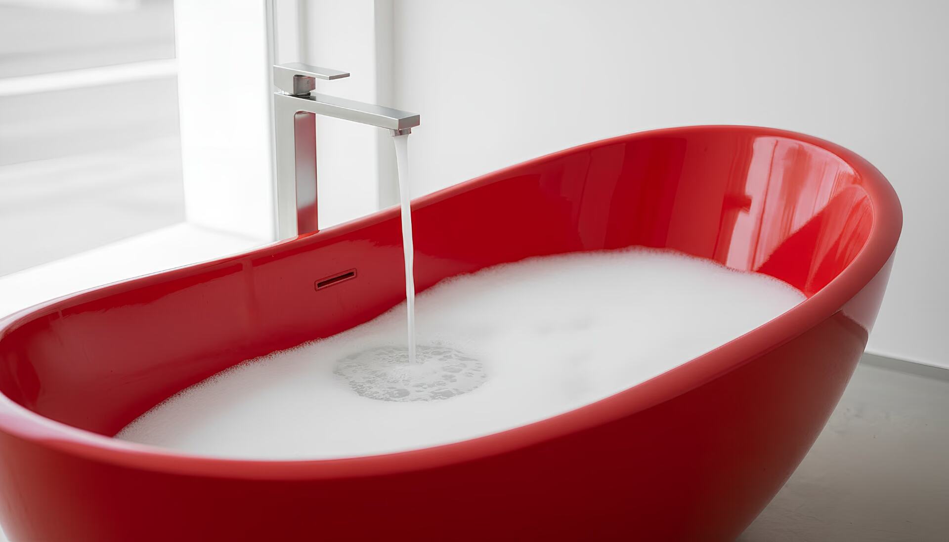 Rote Badewanne und Armatur in einem hellen Badezimmer