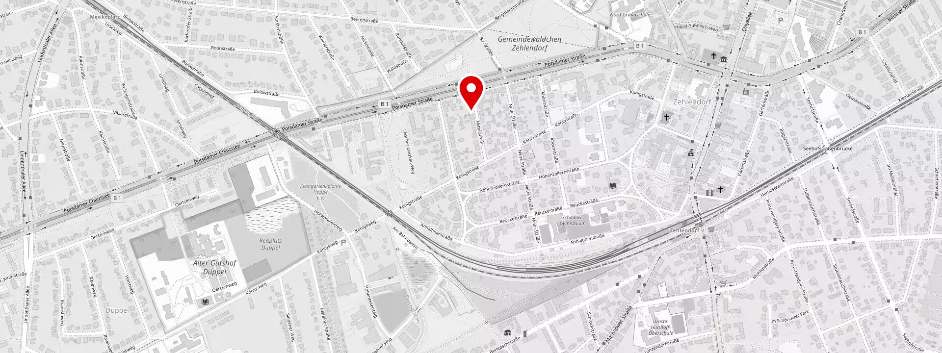 Kartenausschnitt von Berlin-Zehlendorf mit dem Standort Mittelstraße 1
