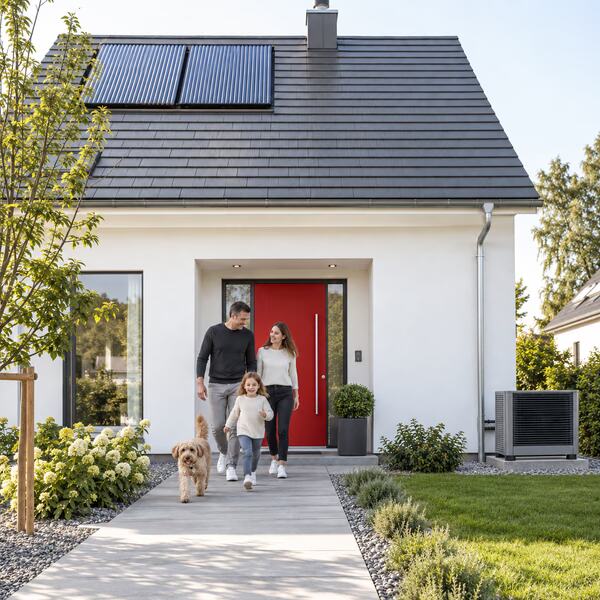Haus mit Wärmepumpe auf separatem Fundament