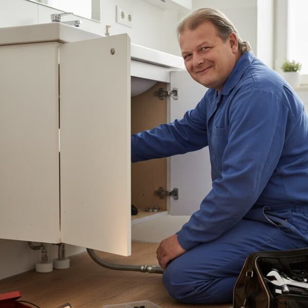 Mitarbeiter in blauem Arbeitsanzug bei Sanitärarbeiten am Waschtisch