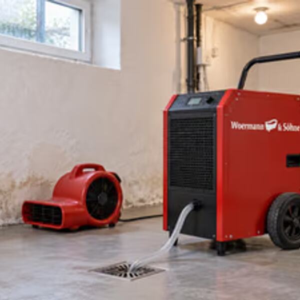 Rotes Trocknungsgerät im Keller mit Feuchtigkeitsspuren an der Wand