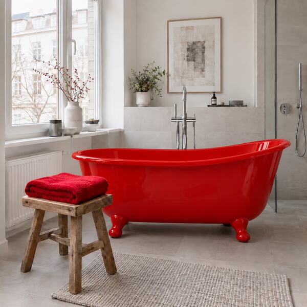 Wohnliches Bad mit vollständig roter freistehender Badewanne