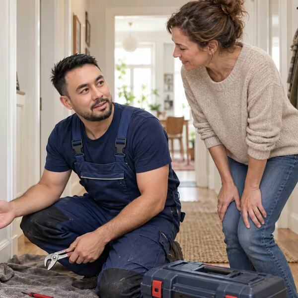 Monteur in blauer Arbeitskleidung bespricht mit einer Kundin die Reparatur im Flur
