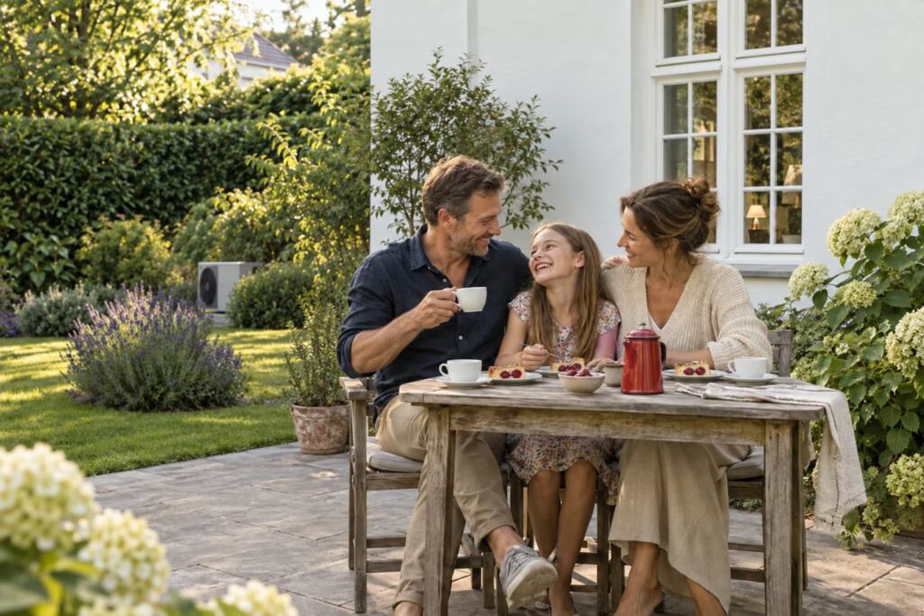 Eine Familie sitzt beim Kaffee auf der Terrasse ihres Hauses, das Außengerät der Wärmepumpe steht unauffällig hinten im Garten