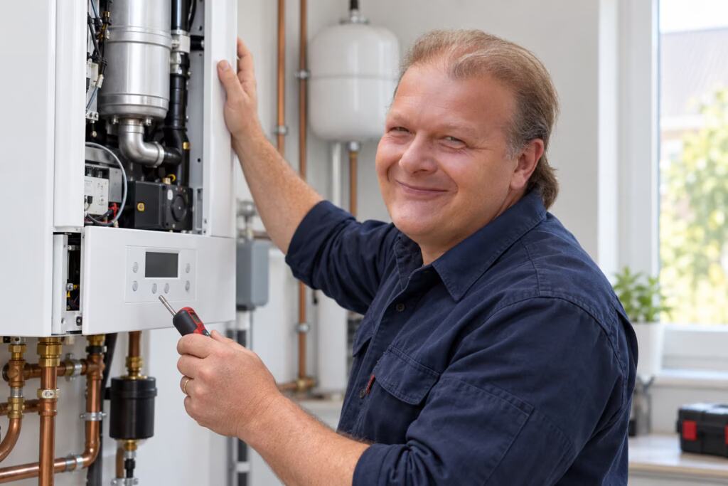 Mitarbeiter bei der Wartung einer geöffneten Heizungsanlage