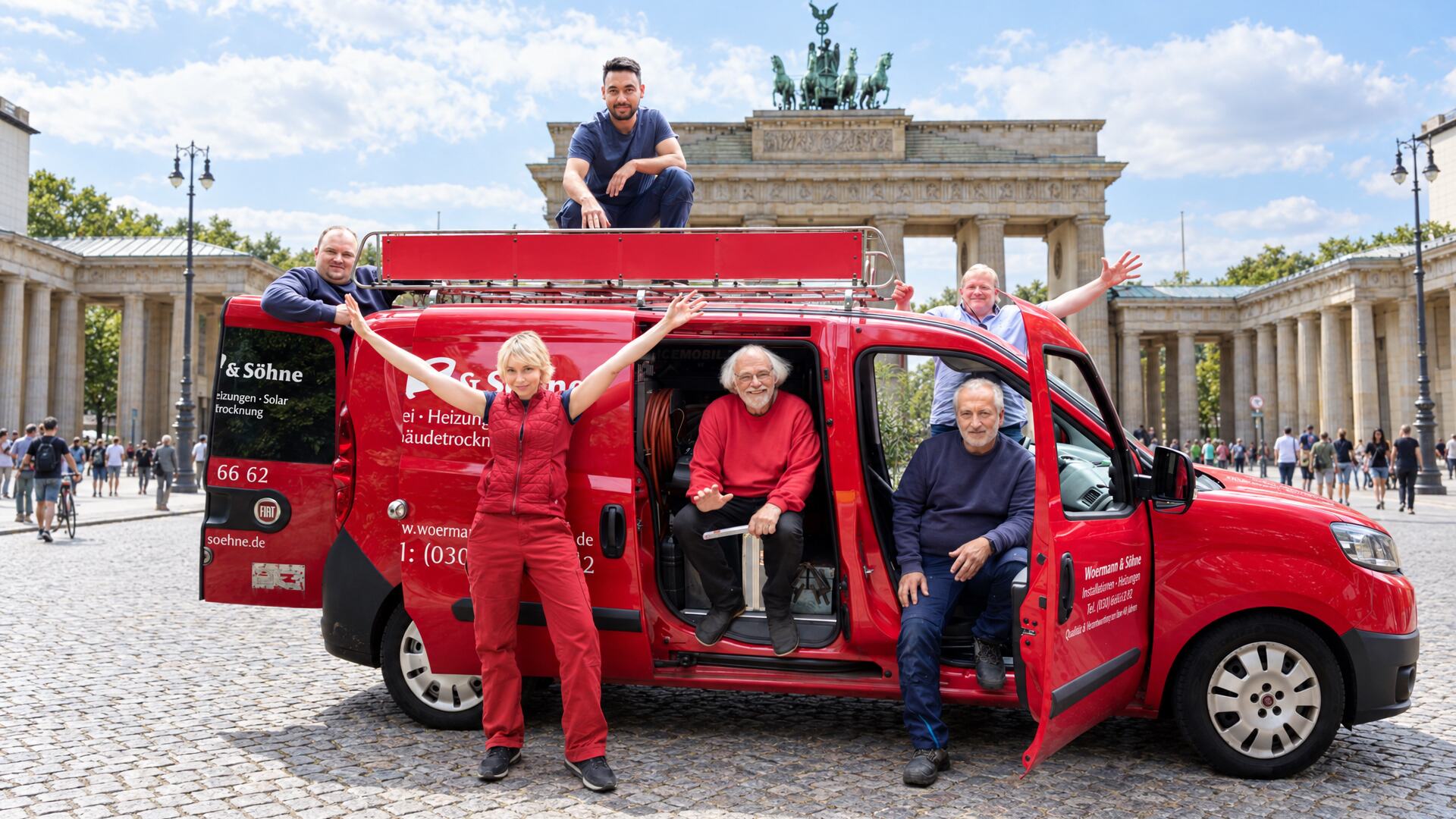 Das Woermann-Team auf und am roten Firmenwagen vor dem Brandenburger Tor
