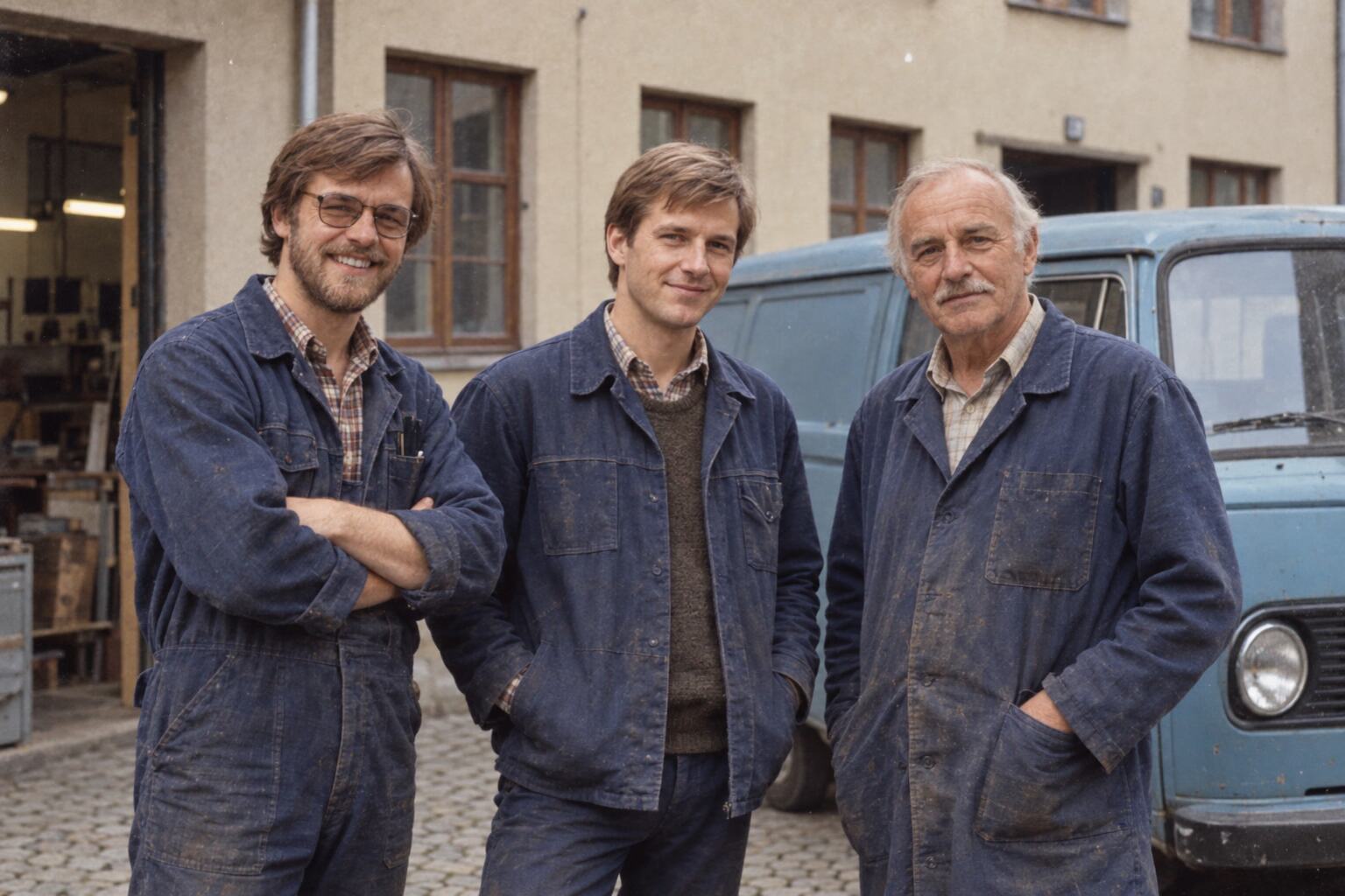 Helmut Woermann mit seinen beiden Söhnen in einer Szene im Stil der späten 1970er Jahre