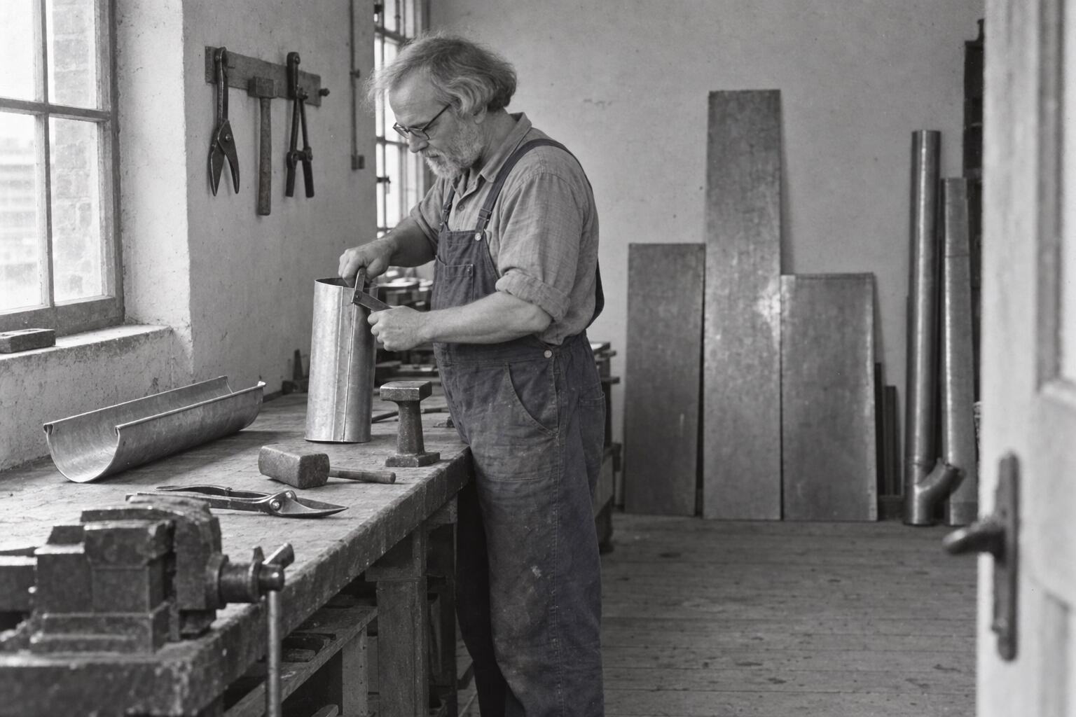 Klempnerei-Werkstatt mit Werkbank, Blechrohr und Handwerkzeugen in einer Szene im Stil von 1948